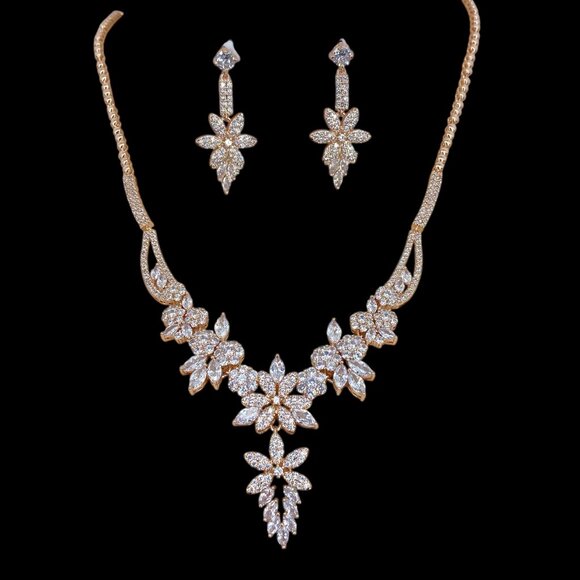 FAC Cubic Zirconia Rose Gold Tone Necklace & Earrings - Picture 1 of 8